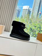 Louis Vuitton unisex black suede boots with fur trim, buckle strap, textured monogram