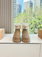 Louis Vuitton unisex ankle boots in tan suede with white shearling cuffs and side stitching