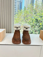 Louis Vuitton unisex suede boots with cream shearling cuffs and brown lace-up design