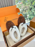 Louis Vuitton shearling-lined loafers, brown suede, white fur top and tie detail