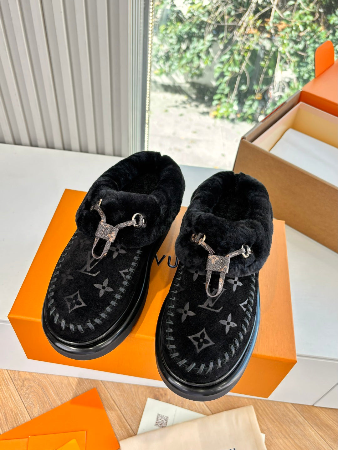 Louis Vuitton unisex black velvet loafers with monogram design and silver buckles