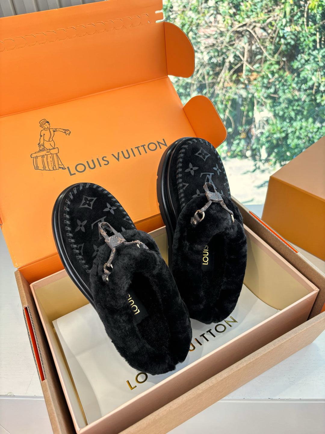 Louis Vuitton unisex black velvet loafers with monogram pattern and silver buckle straps