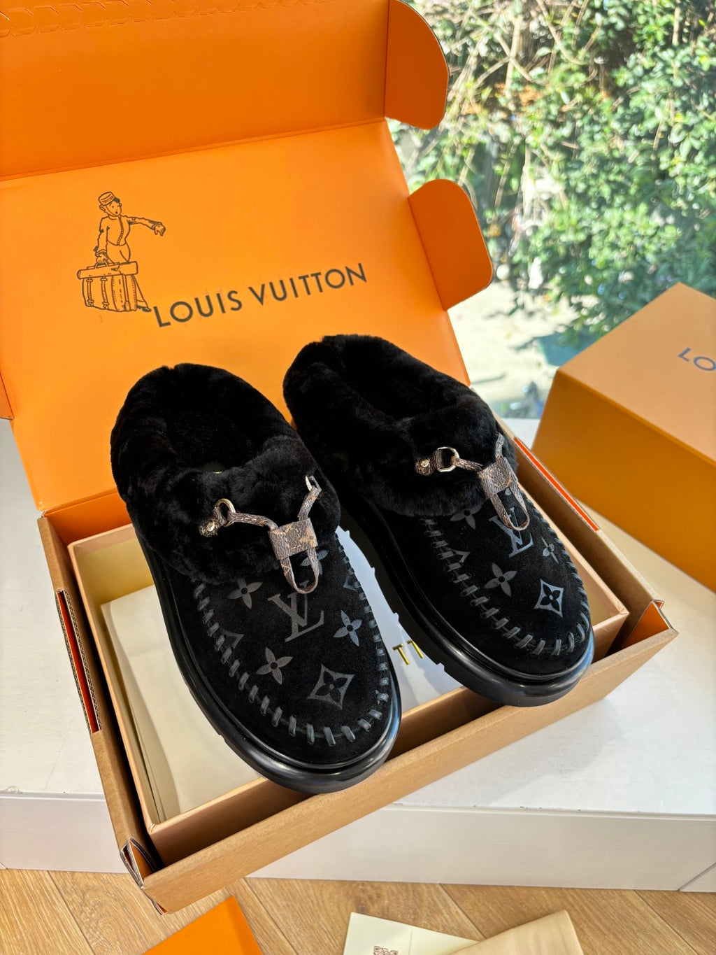 Louis Vuitton unisex loafers in black velvet with monogram print and metal buckle detail