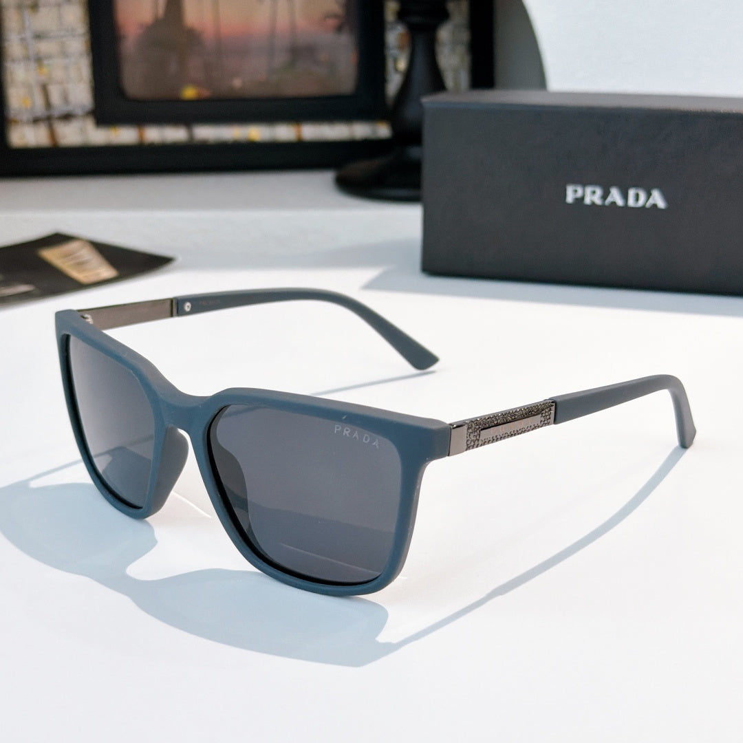 Prada sunglasses with black frames and gray-blue lenses
