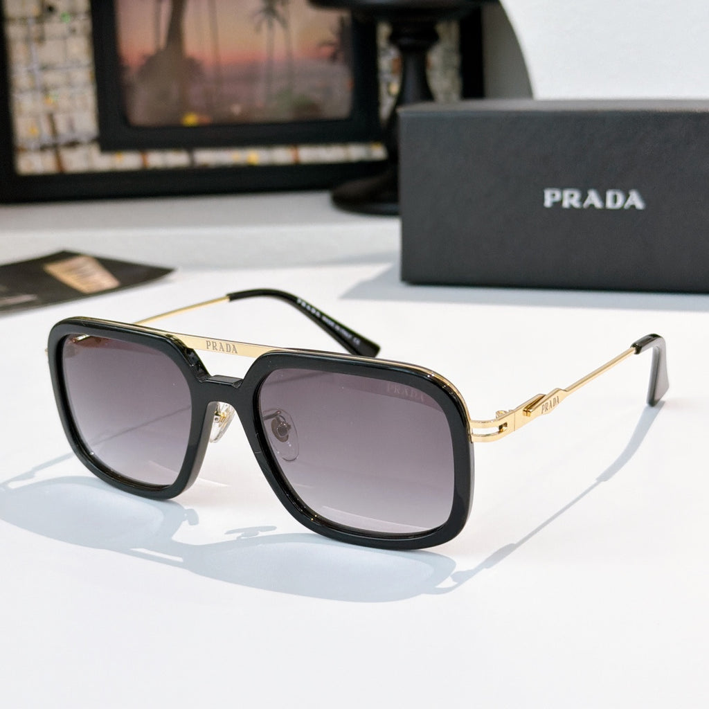 Prada sunglasses with dark frame and purple-tinted lenses