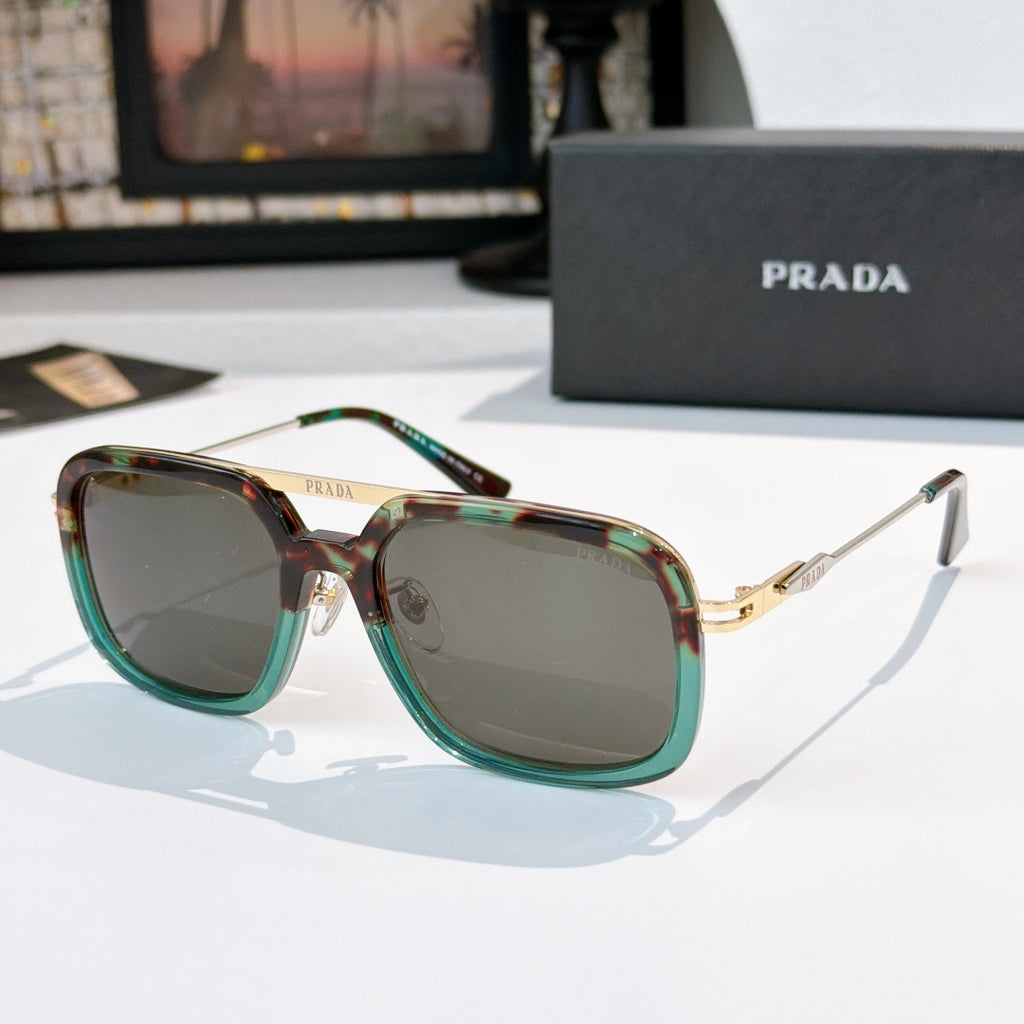 Prada sunglasses with green-tinted tortoiseshell frame and gray lenses