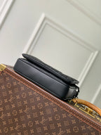 Louis Vuitton monogram bag back view with top zipper and leather trim