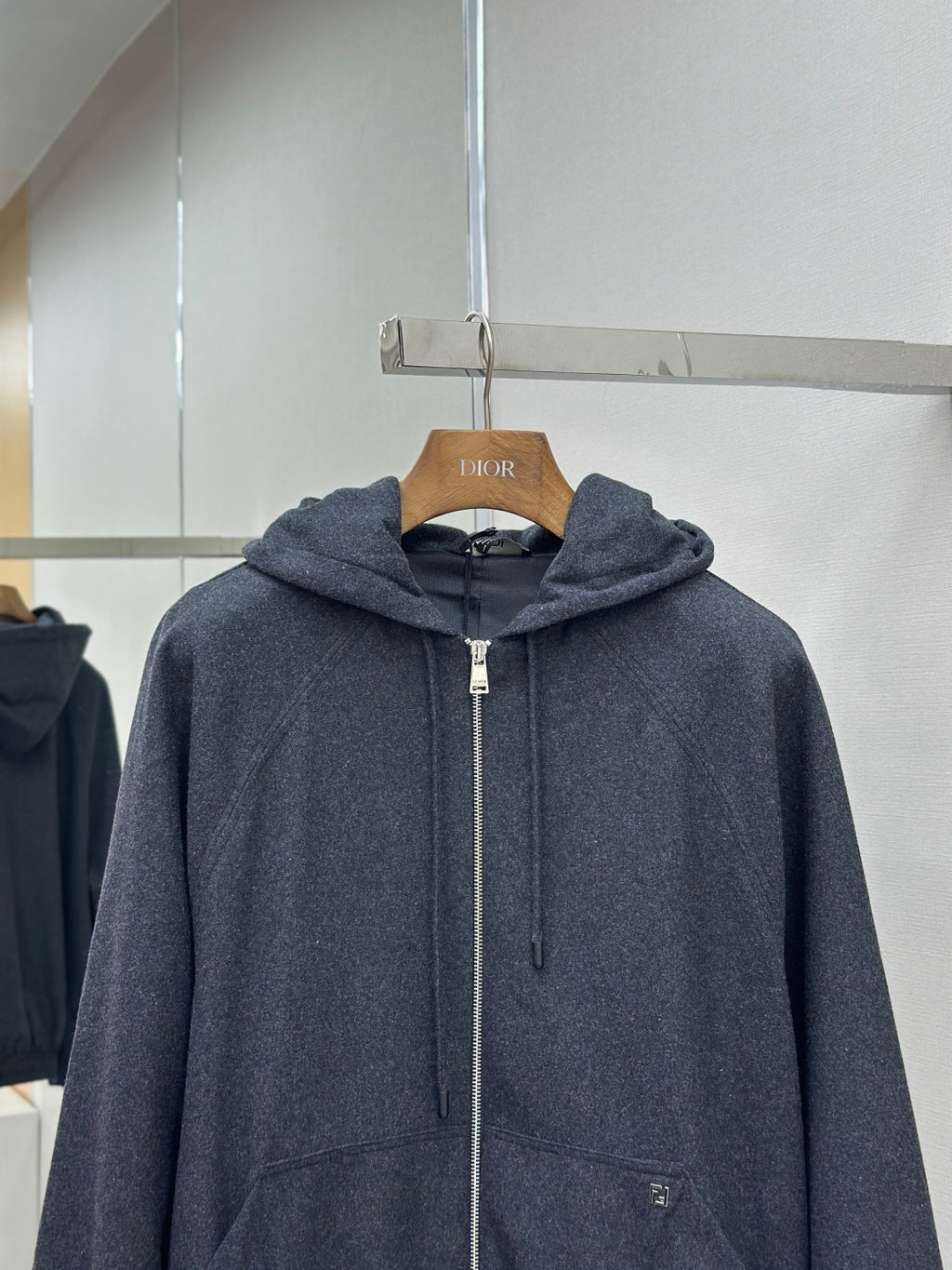 Fendi dark blue hooded zip jacket with drawstring and front zipper