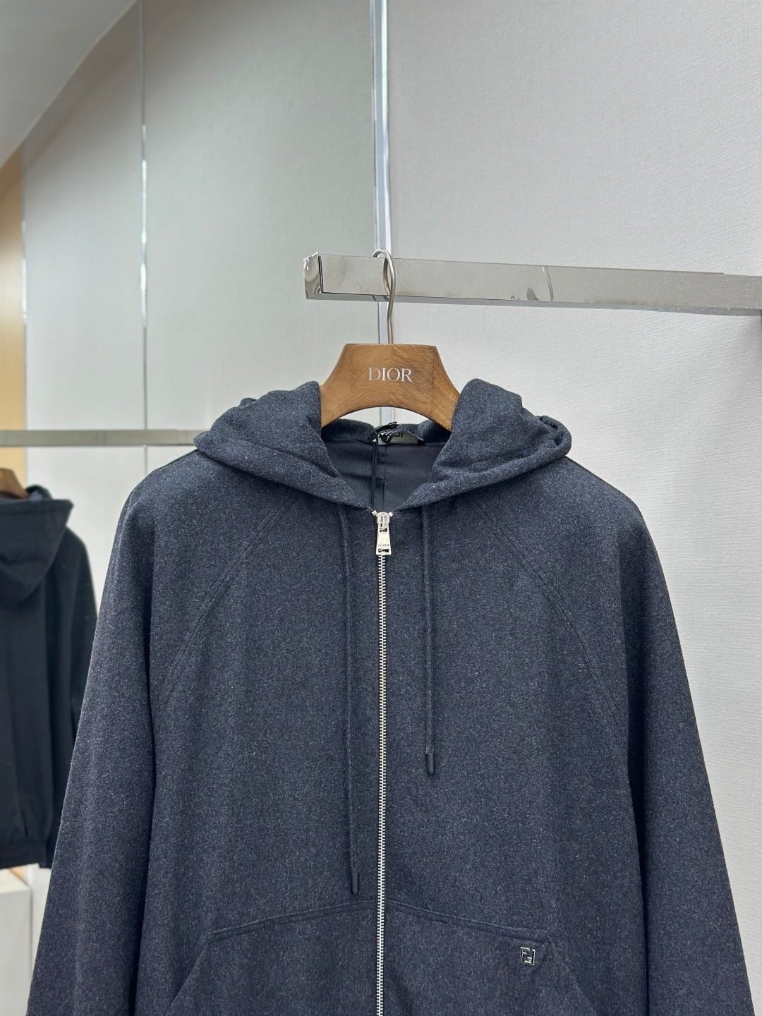 Fendi dark blue hooded zip jacket with drawstring and front zipper