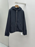 Fendi dark blue zip-up hoodie jacket on hanger with drawstring hood and zip front