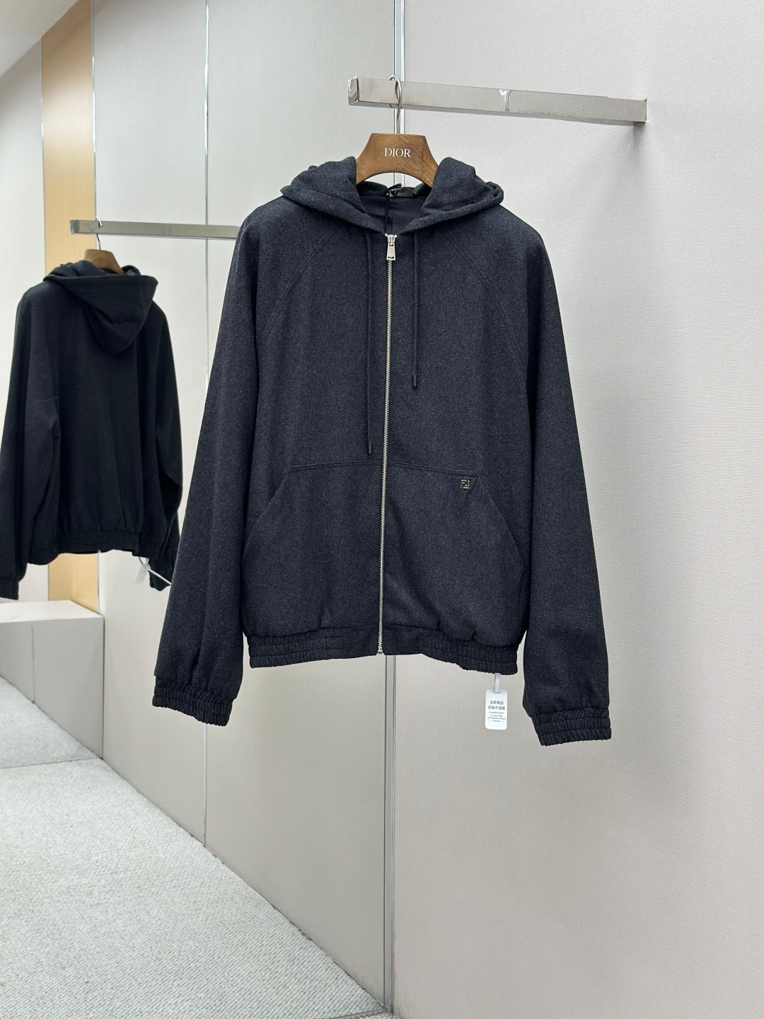 Fendi dark blue zip-up hoodie jacket with drawstring hood and front pocket