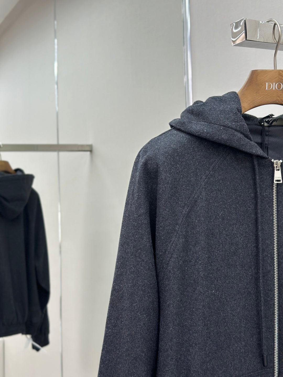 Fendi dark blue hooded zip jacket with drawstring cord and metal zipper