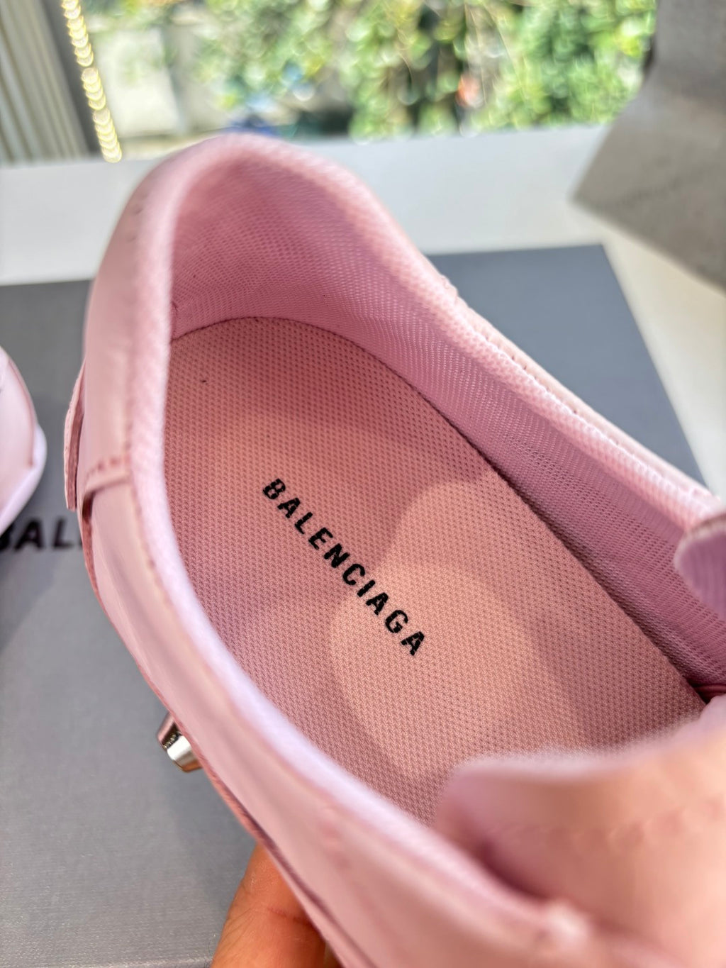 Women's pink sneaker interior with BALENCIAGA printed on insole