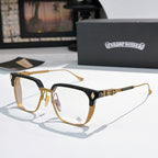 Black and gold rectangular eyeglasses with clear lenses and decorative temple accents.