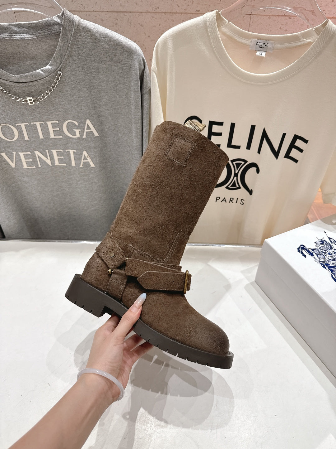 Burberry brown suede buckle tall boots, held up with cross-strap buckle detail
