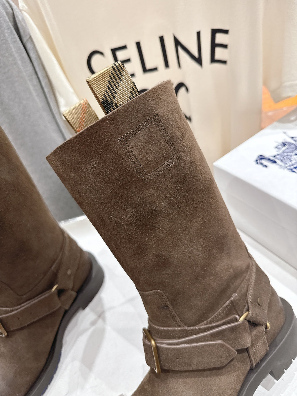 Burberry brown suede buckle tall boots, upper close-up with strap and buckle