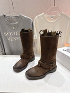 Burberry brown suede buckle tall boots, full pair view with buckle detailing