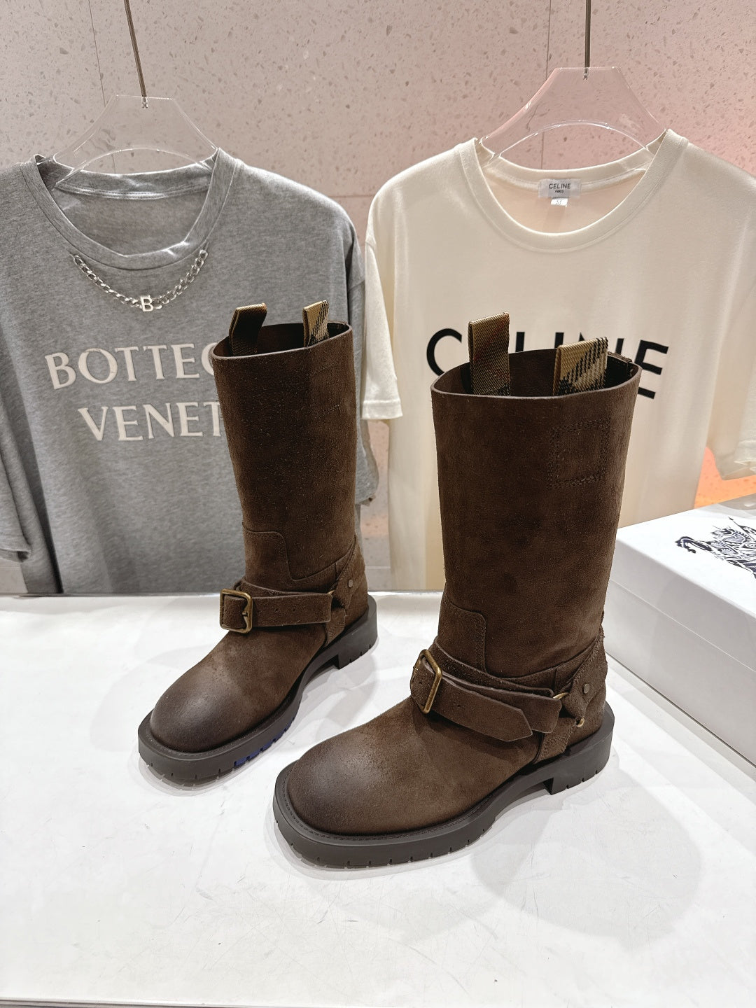 Burberry brown suede buckle tall boots, full pair view with buckle detailing