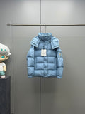 Light blue quilted puffer jacket with hood and front zipper, front view