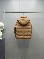 Moncler long puffer jacket in tan, full back view, quilted hood and panels