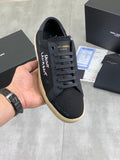 Navy canvas SAINT LAURENT sneakers with lace-up front and beige rubber sole