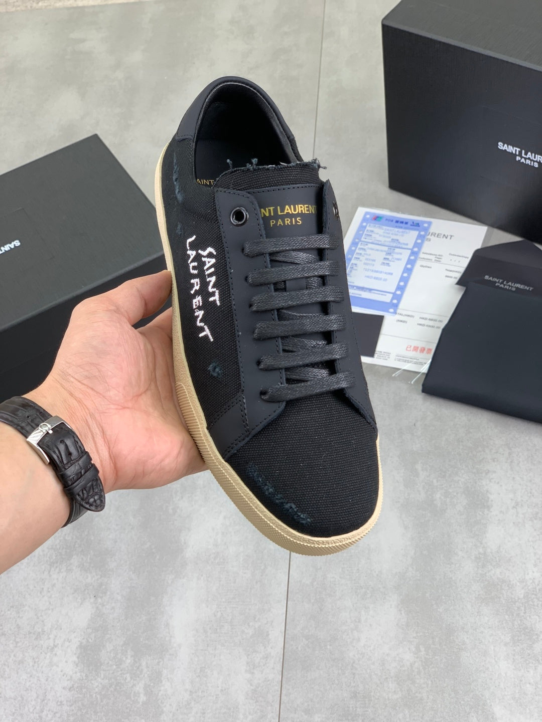 Navy canvas SAINT LAURENT sneakers with lace-up front and beige rubber sole