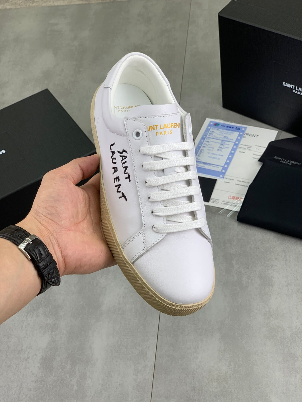 White YSL unisex sneakers, lace-up with gum rubber sole and side logo
