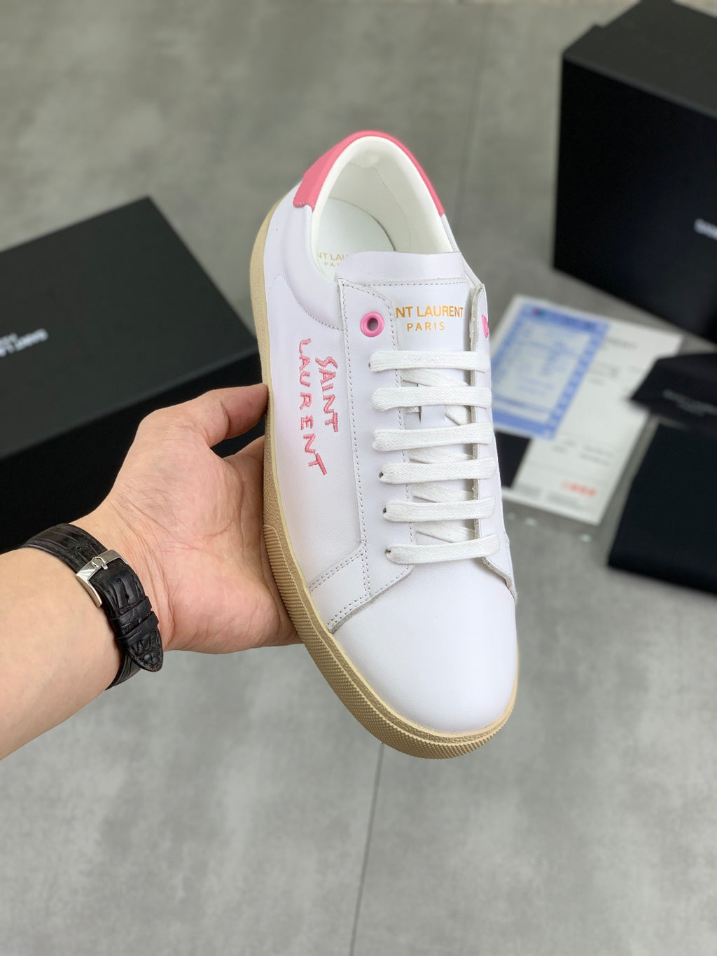YSL unisex sneakers, white leather with pink heel and lace-up front, gum sole