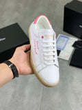 YSL unisex sneakers, white leather with pink heel and lace-up front, gum sole