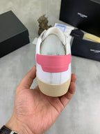 YSL unisex sneakers, rear view, white leather with pink heel band and gum sole
