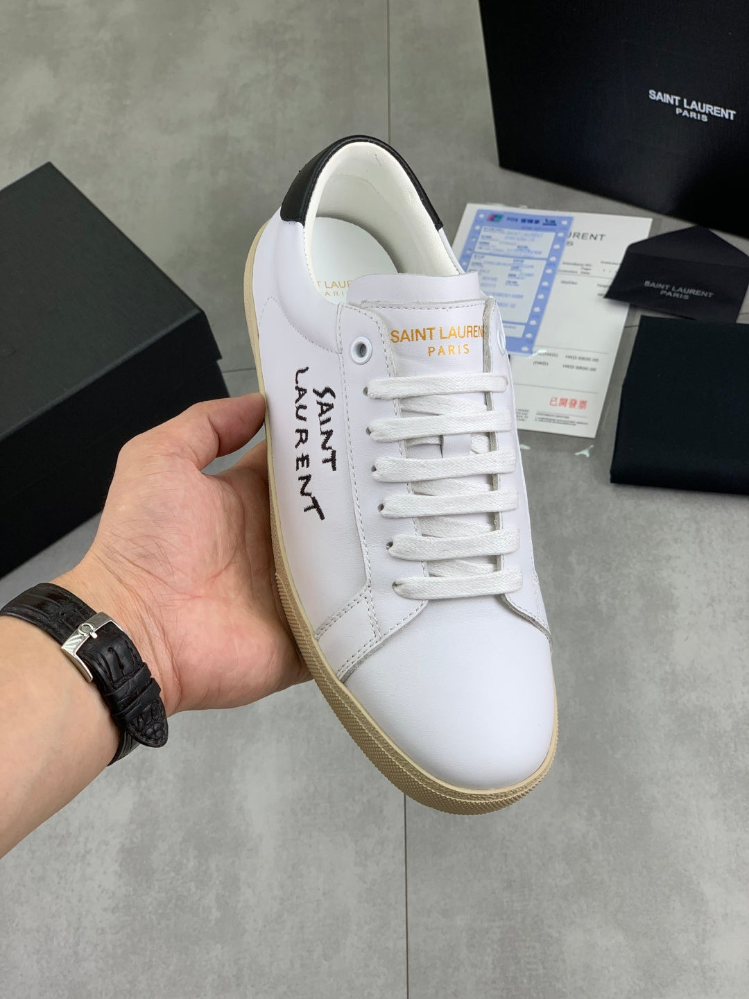 Saint Laurent unisex low-top sneakers, white with beige gum sole and lace-up front