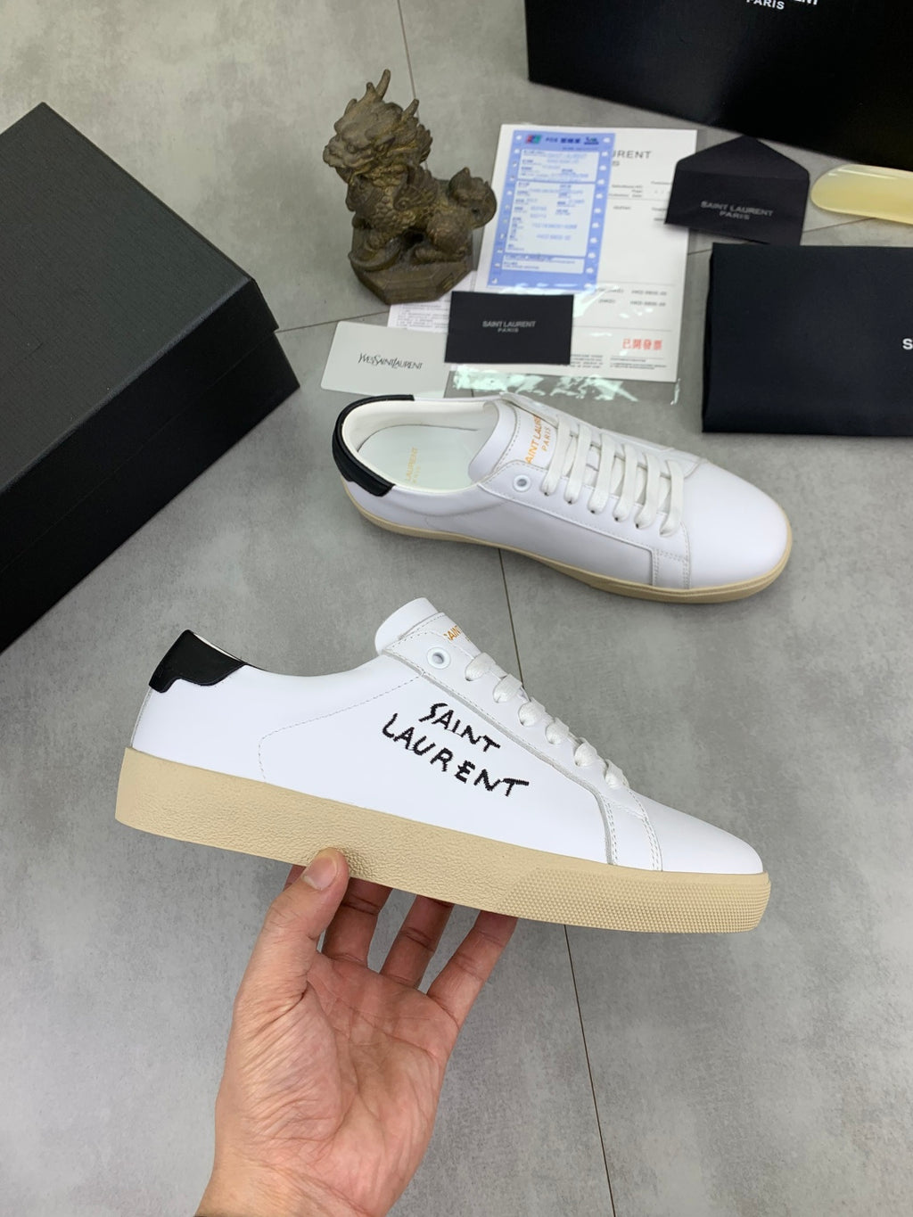 Saint Laurent unisex low-top sneakers, white uppers with beige gum soles and lace-up
