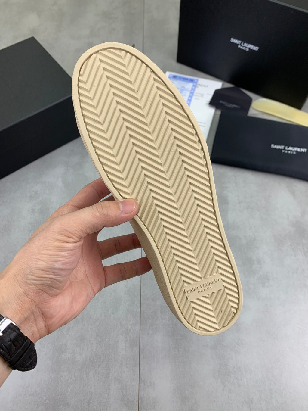 Saint Laurent unisex sneaker outsole, tan rubber tread with herringbone pattern