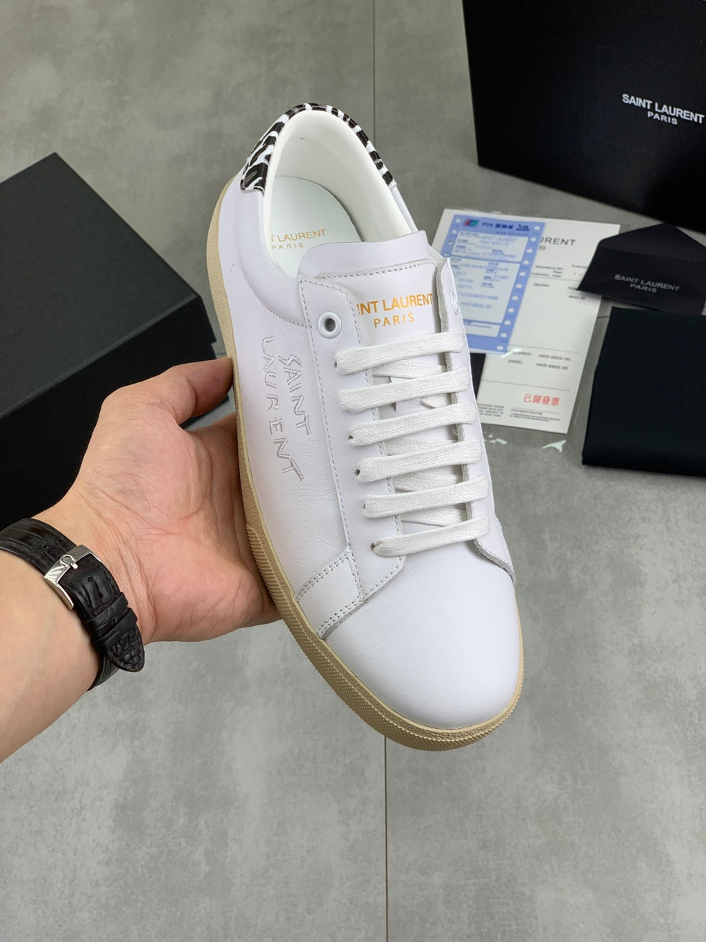 YSL unisex white leather sneakers, leopard heel trim, beige gum sole