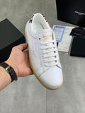 YSL unisex white leather sneakers, leopard heel trim, beige gum sole