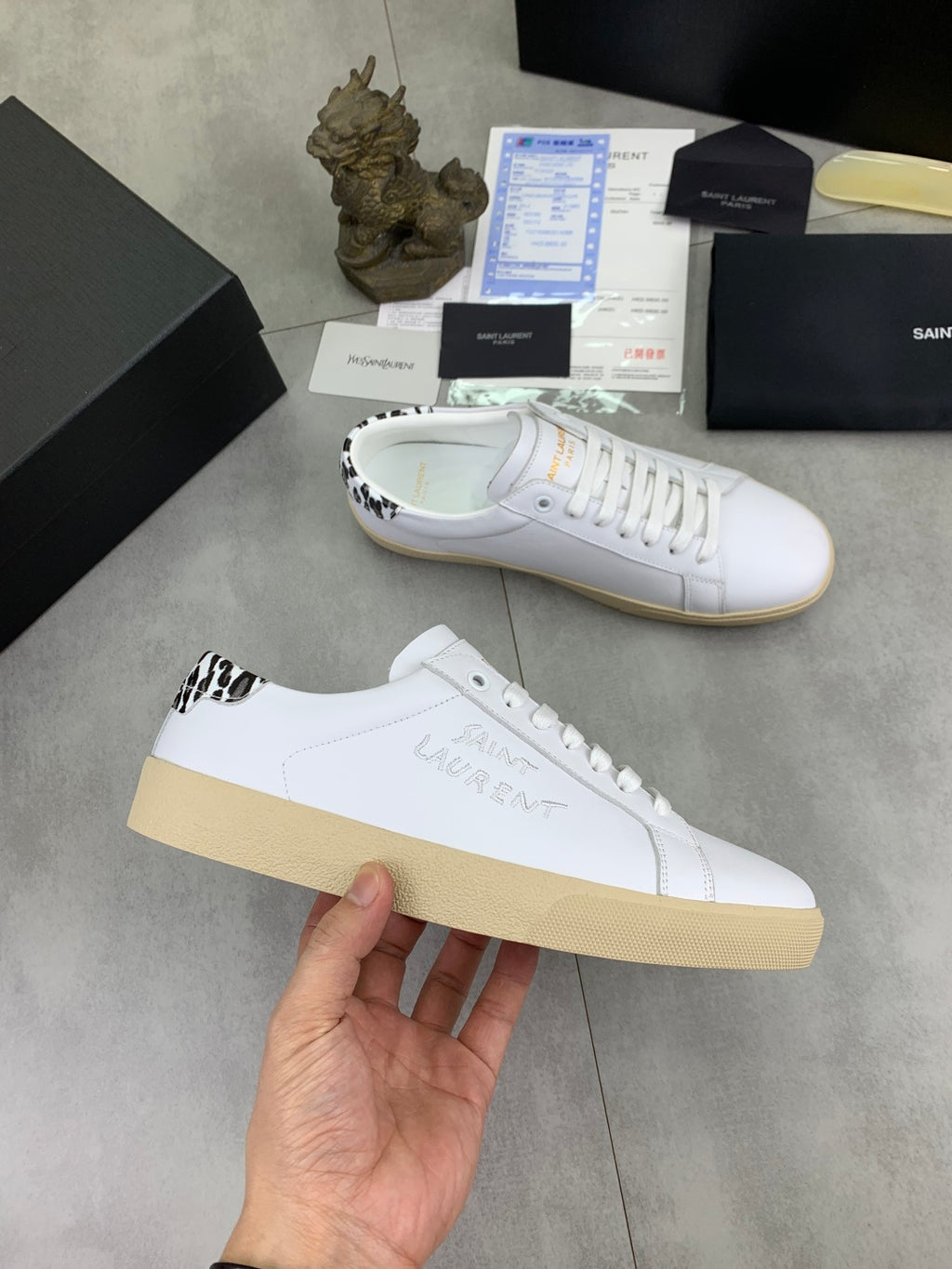 YSL unisex white leather sneakers, beige sole, leopard heel trim