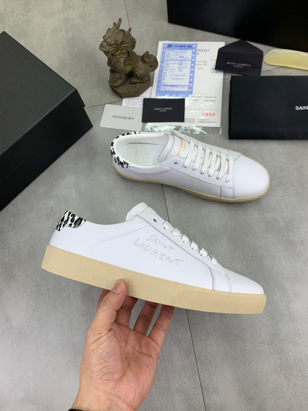 YSL unisex white leather sneakers, beige sole, leopard heel trim