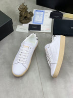 YSL unisex white leather low-top sneakers with leopard side trim, beige sole