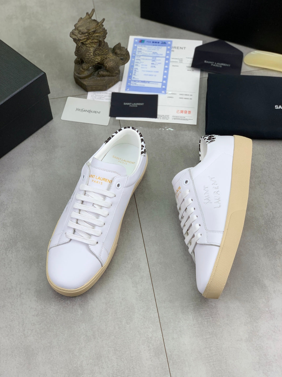 YSL unisex white leather low-top sneakers with leopard side trim, beige sole