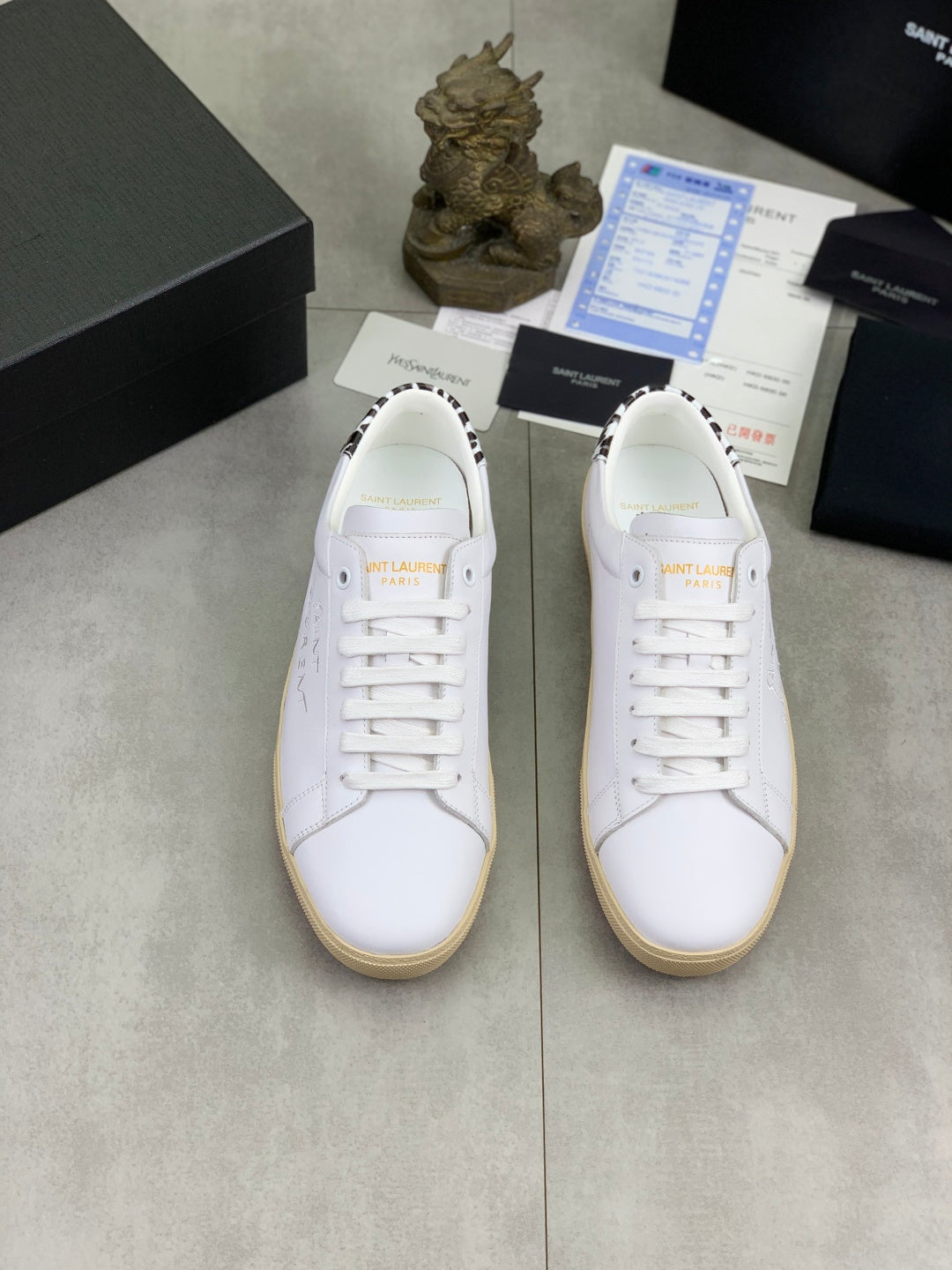 YSL unisex white sneakers with lace-up front and leopard collar trim