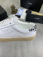 YSL unisex white sneaker with leopard-patterned collar lining and lace-up