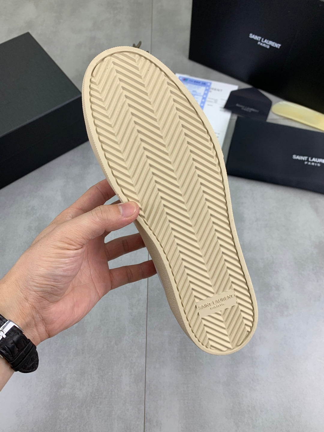 YSL unisex sneaker outsole with beige herringbone tread