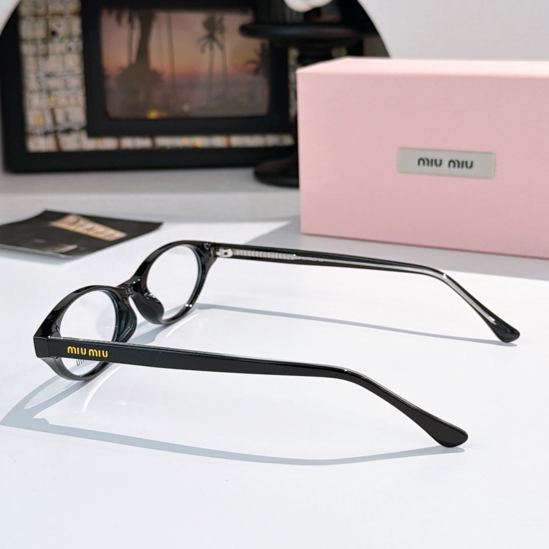 MiuMiu eyeglasses with black frame and clear lenses, side profile view with temple arms