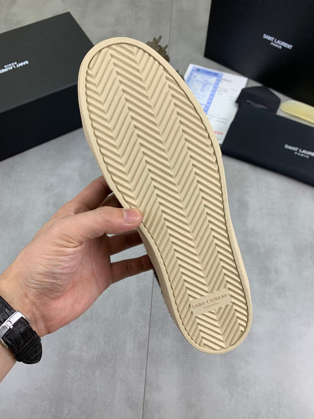 YSL unisex sneaker outsole, beige rubber tread with chevron pattern