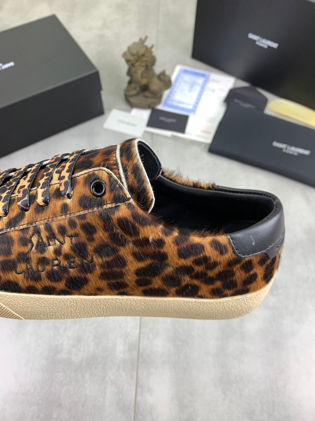 YSL unisex leopard-print sneakers with black lining and elastic collar edge