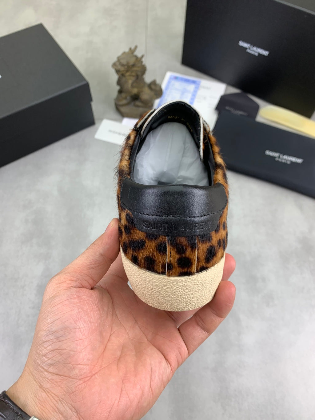 YSL unisex leopard-print sneakers, heel with black back panel and white sole