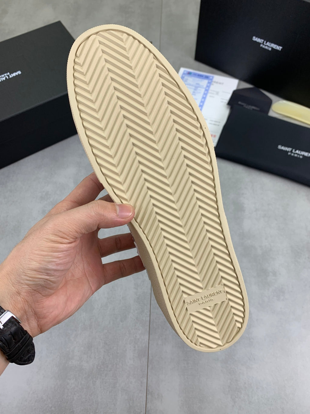 YSL unisex low-top sneaker outsole, light gum tread with herringbone pattern