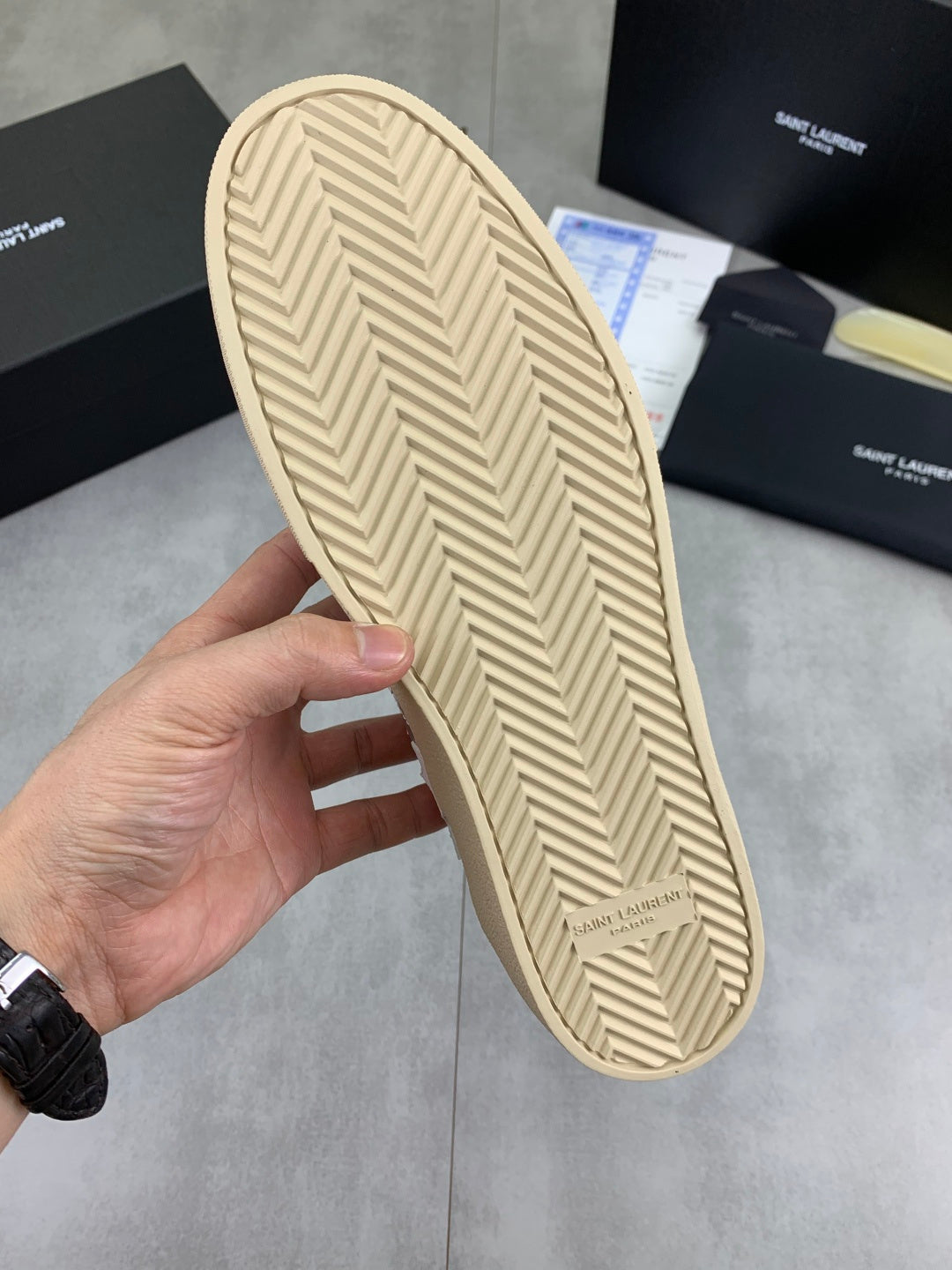 YSL unisex low-top sneaker outsole, light gum tread with herringbone pattern