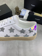 Unisex white sneakers with gray stars and iridescent heel collar trim