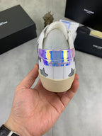 Unisex sneaker heel with iridescent multicolor strap and white leather upper